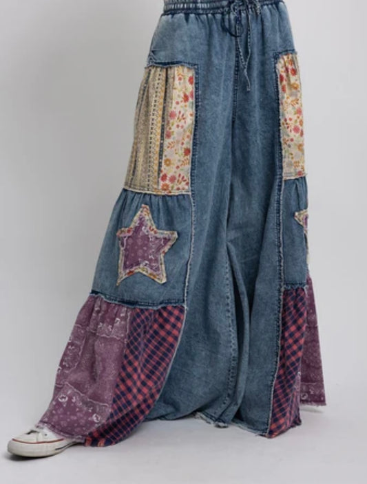 BlueVelvet Denim and Multi Print Fabric Wide Leg Pants in Light Denim