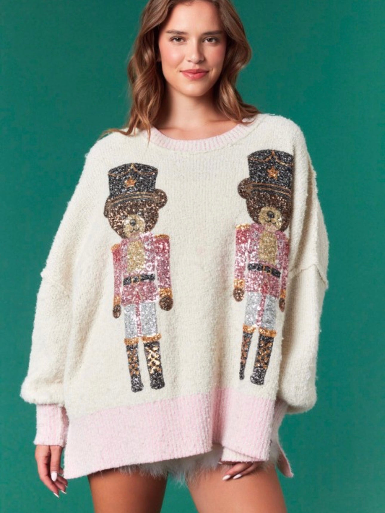 Fantastic fawn sequin nutcracker bear sweater