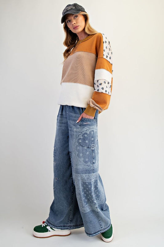 Easel PATCHWORK PRINTED WASHED DENIM PANTS