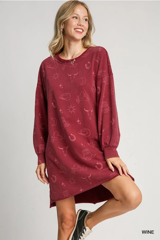 Umgee wine western twill sweatshirt dress
