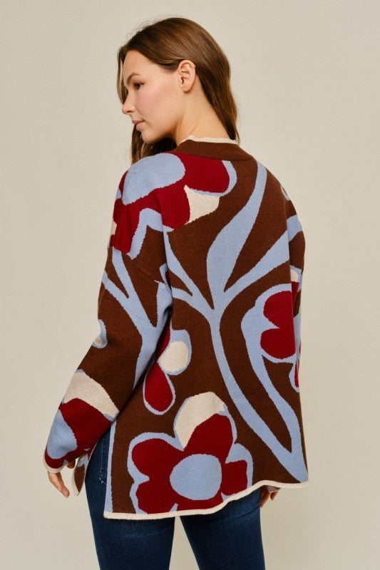 Jodifl Side Slit Hem Floral Pattern Sweater
