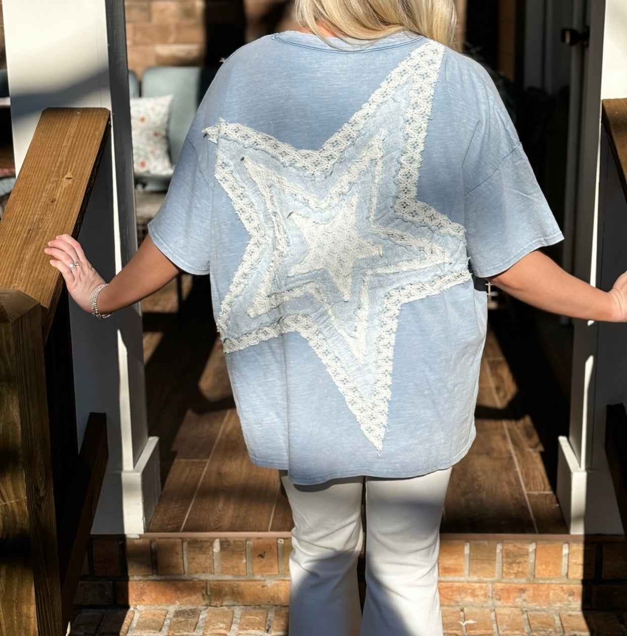 Blue velvet powder blue star lace patchwork top