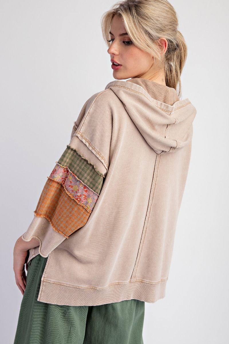 Easel taupe patchwork hoodie top