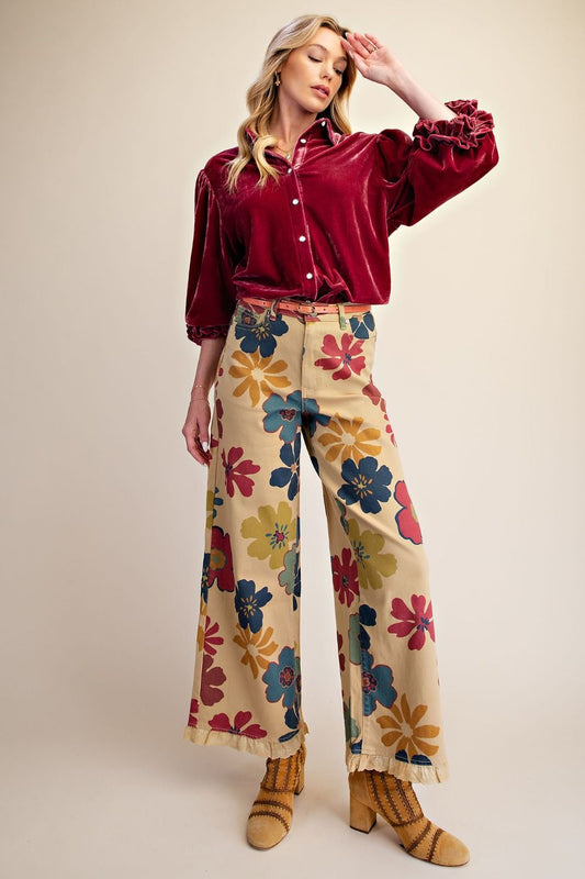FLORAL PRINTED ENZYME WASHED STRETCH TWILL PANTS DIJON
