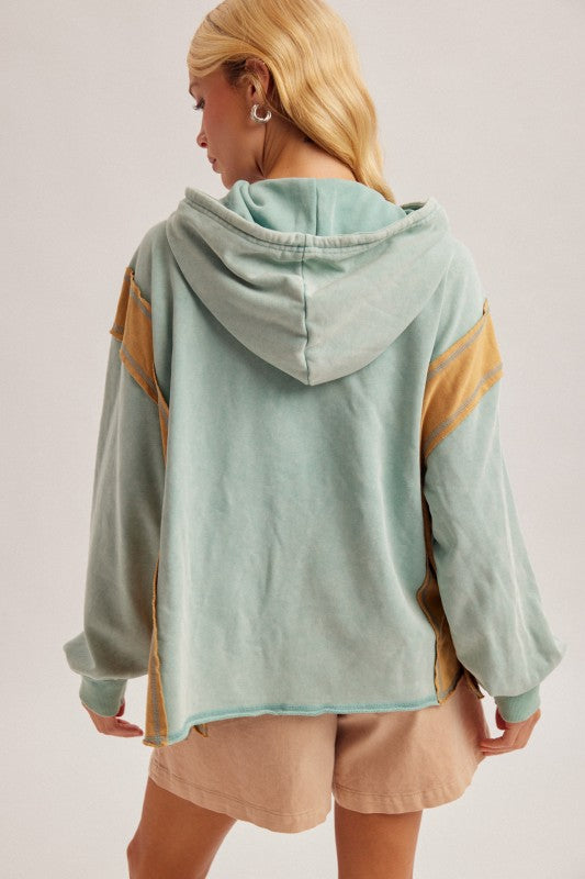 Checker print mix color block hoodie seafoam