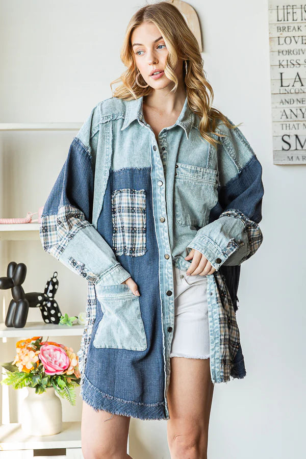Oli and Hali WASHED MIX MEDIA PLAID DETAIL BUTTON DOWN SHACKET