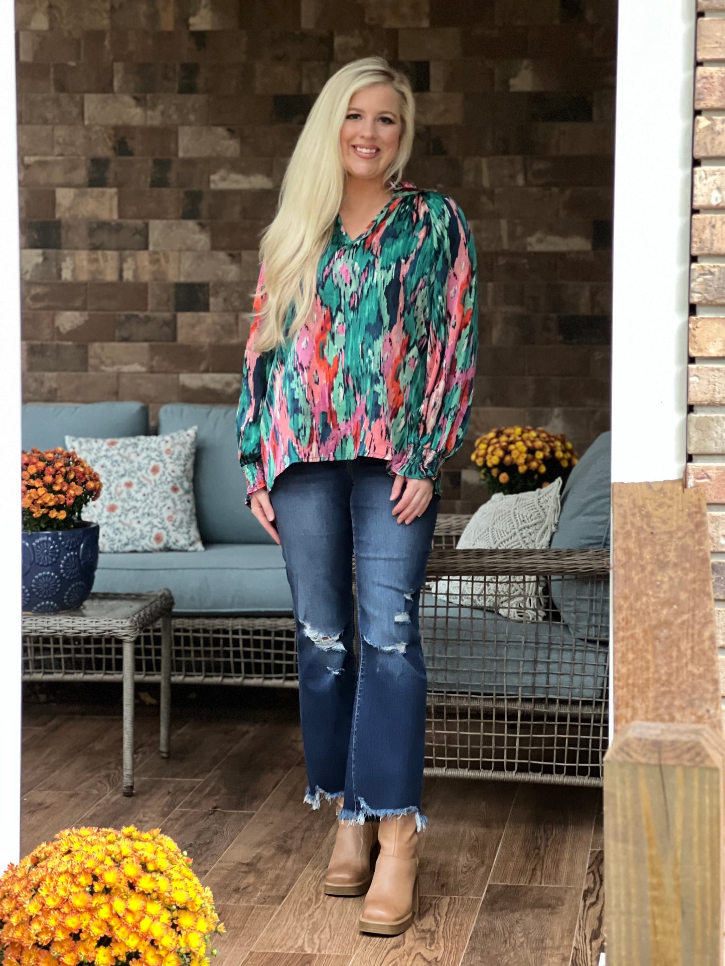 Watercolor satin v-neck tops