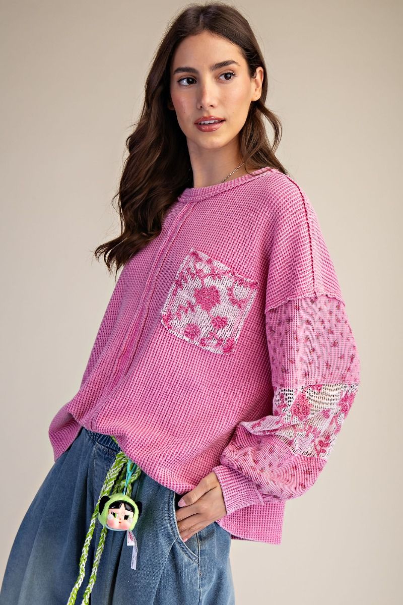 Easel berry pink waffle knit top