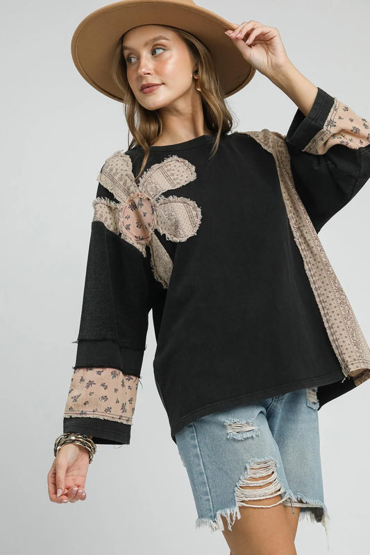 Umgee terry knit patch sweatshirt tops
