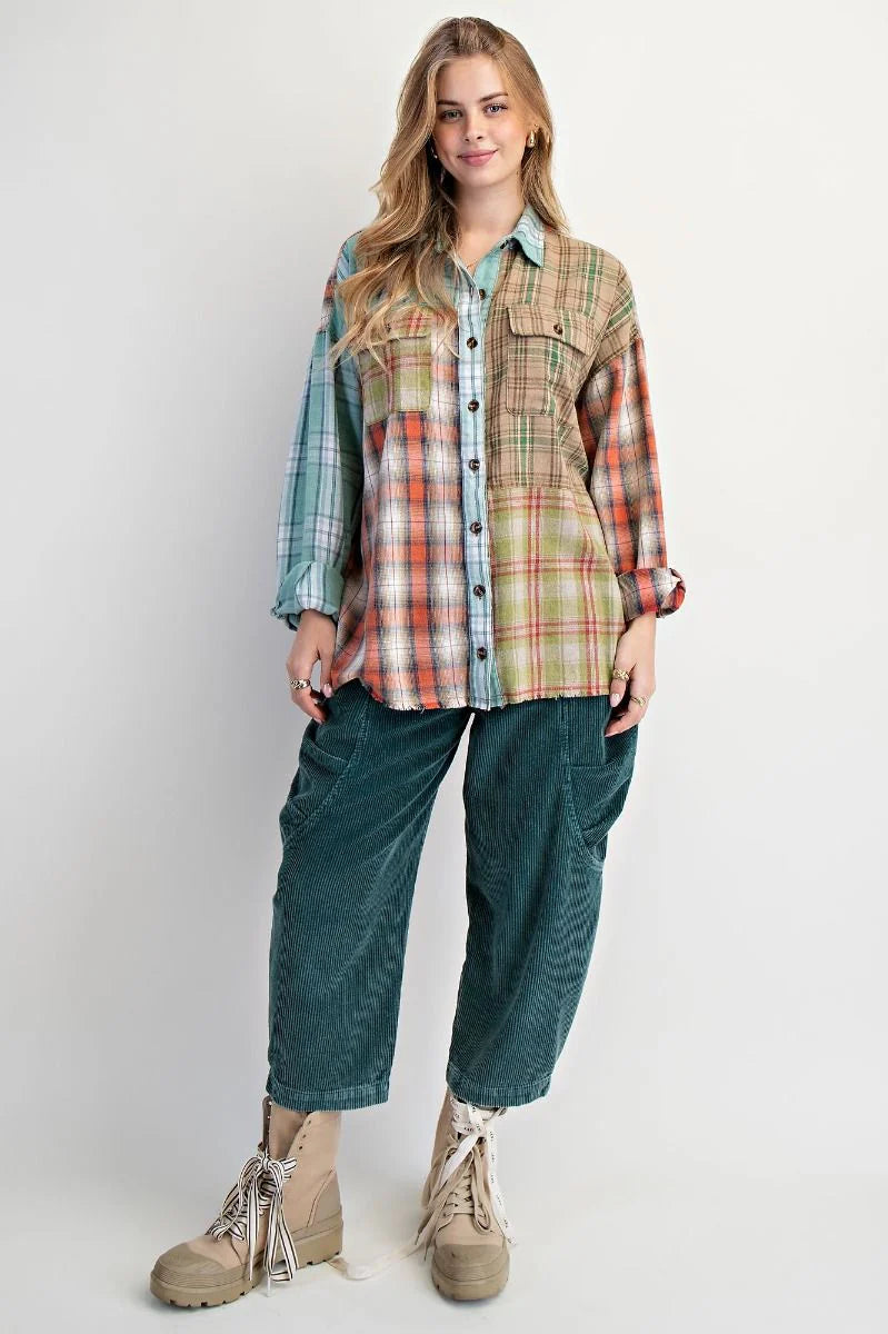 Easel mineral wash mixed plaid button down