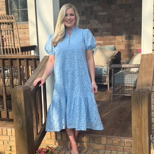 Powder blue eyelet midi dress