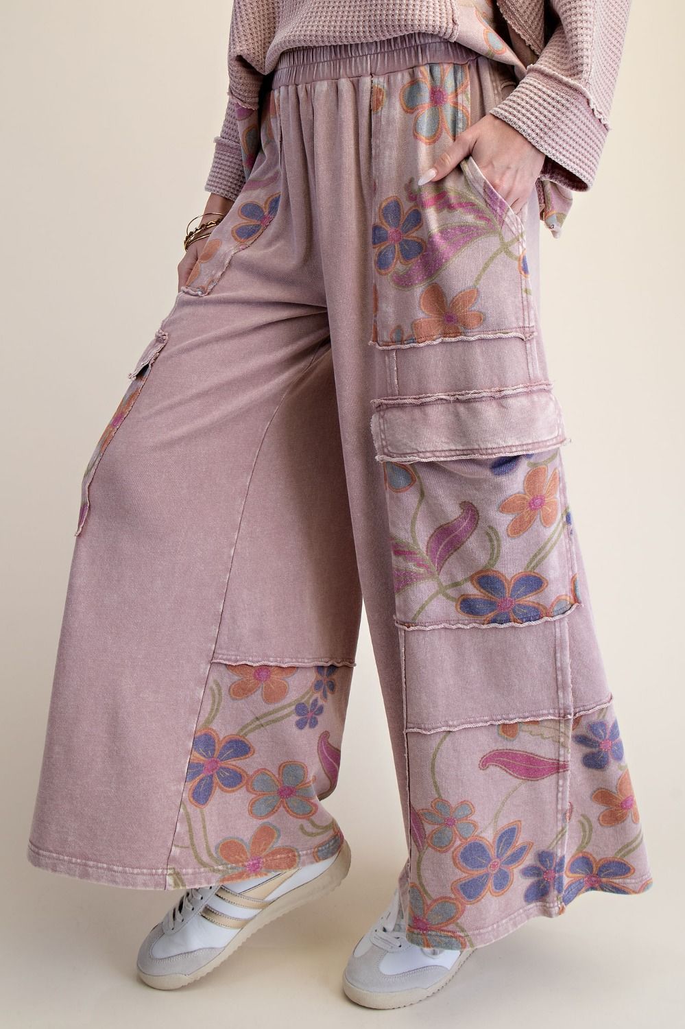 Easel FLORAL PRINT MIX WASHED TERRY PANT SET MAUVE