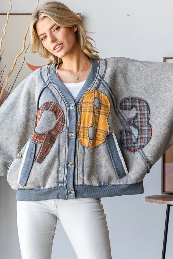 OLI AND HALI WASHED PACTHWORK BUTTON DOWN POCKETS CARDIGAN