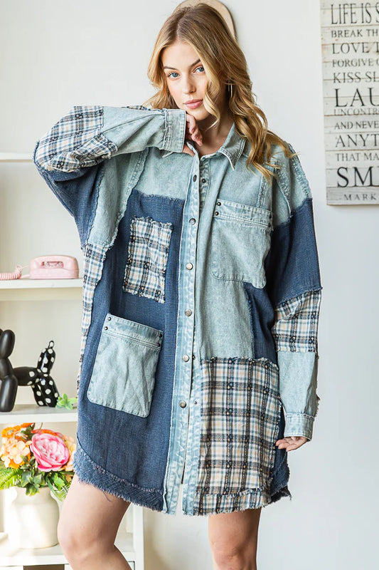 Oli and Hali WASHED MIX MEDIA PLAID DETAIL BUTTON DOWN SHACKET