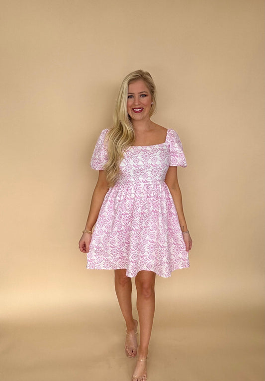 She + Sky Baby pink puff sleeve jaquard dress