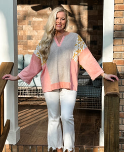 Easel color block mixed print pullover