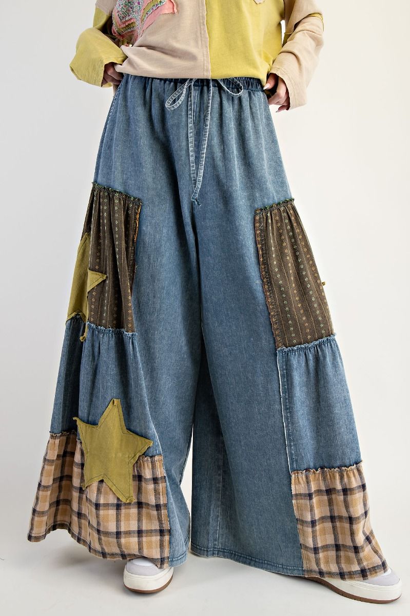 Easel washed denim patch star pants