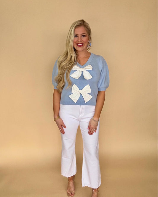 She + Sky baby blue bow sweater top