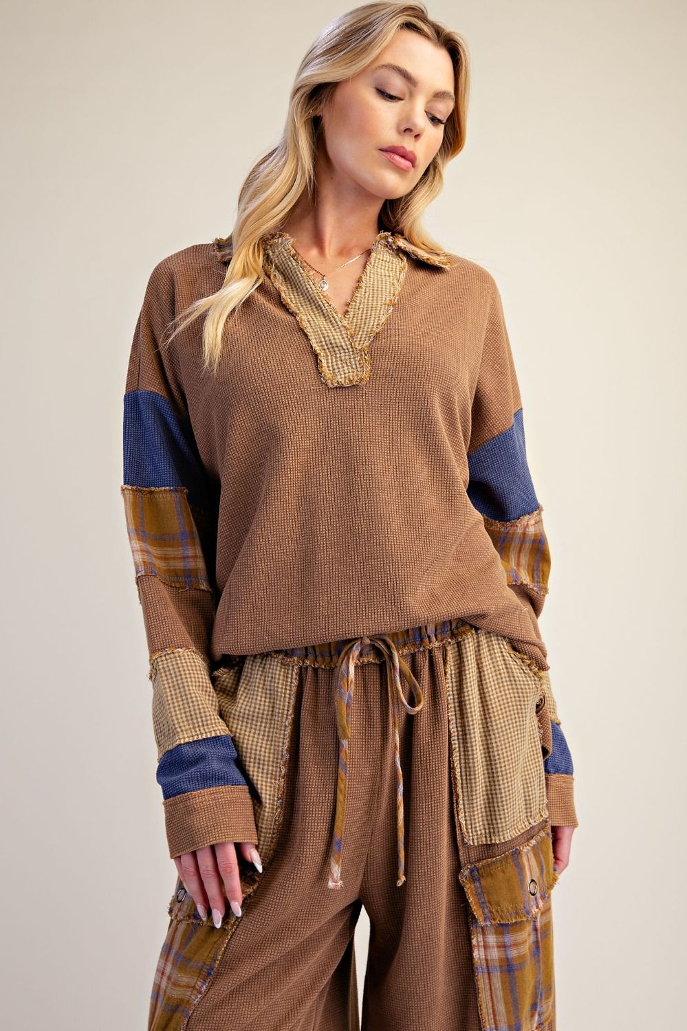EASEL PATCHWORK THERMAL KNIT WASHED PANT SET CAMEL