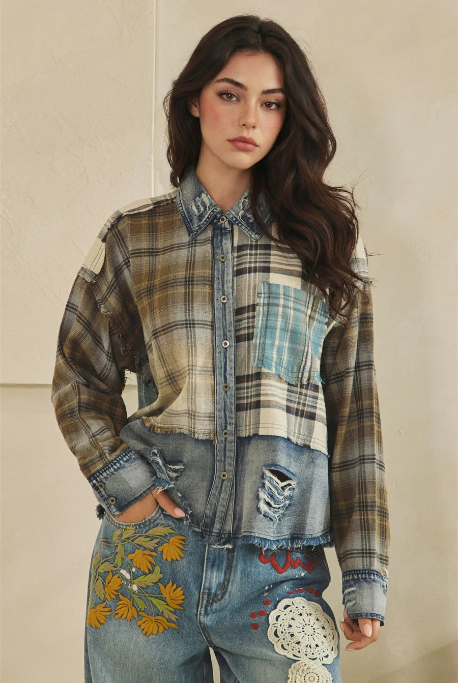 OLI AND HALI WASHED DENIM PLAID MIX BUTTONDOWN SHIRT