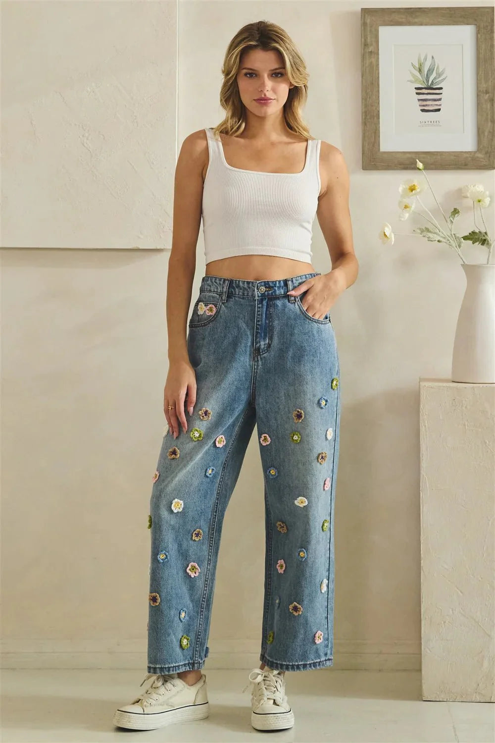 Oli and Hali crochet flower jeans