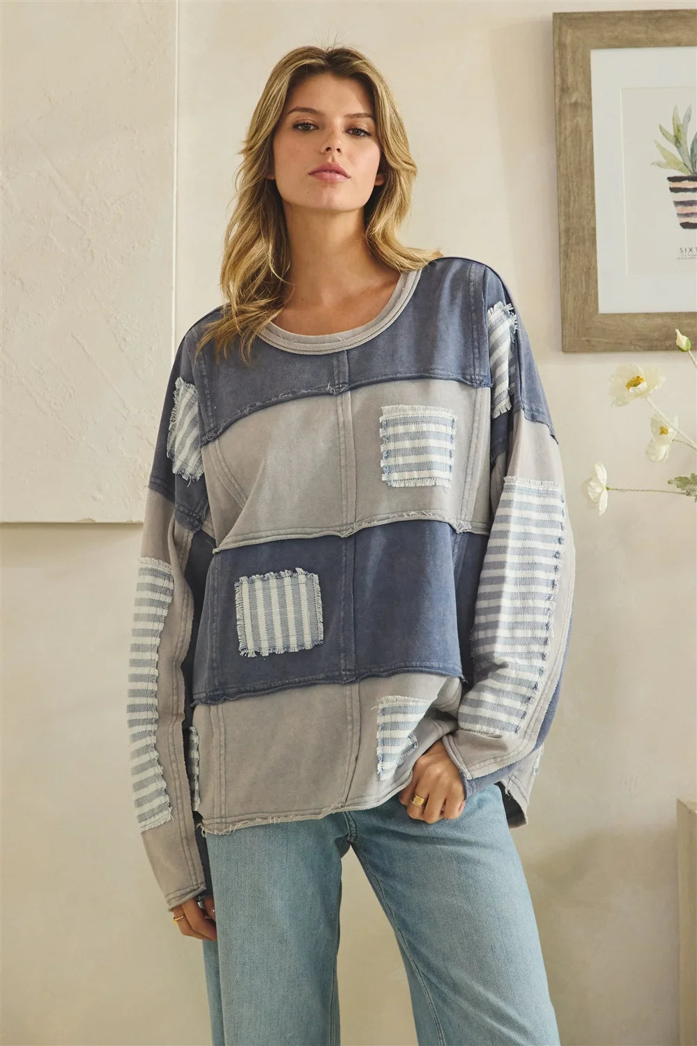OLI AND HALI WAHSED STRIPE PATCHED DETAIL SWEATSHIRT