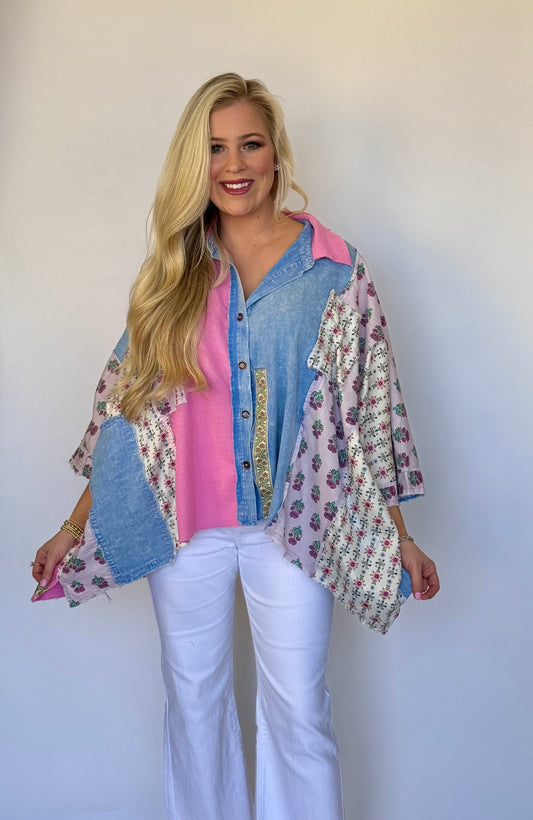 Blue velvet mixed fabric button down top cotton candy