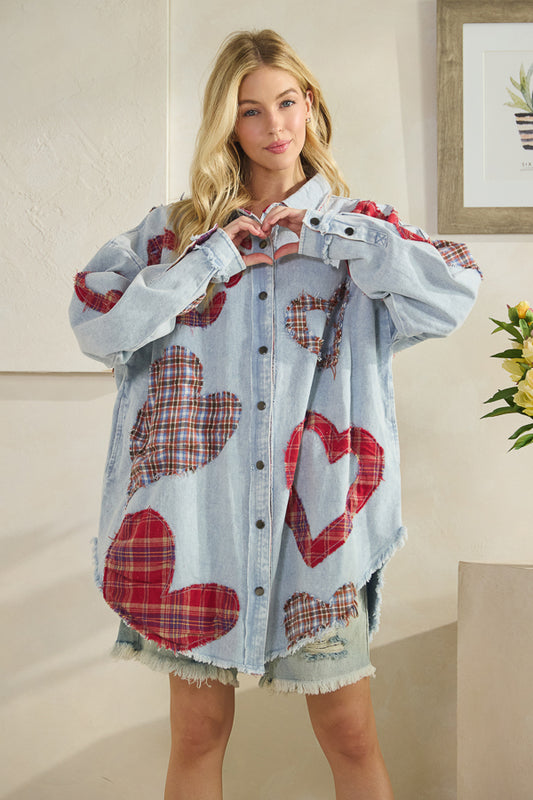 Oli and Hali heart plaid patch denim jacket shirt