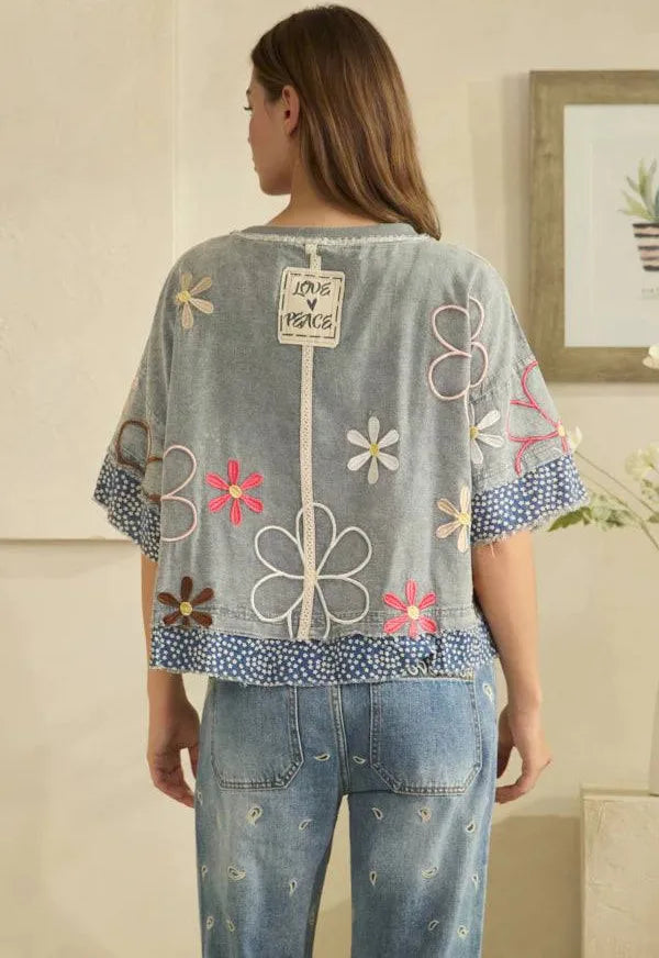 Oli and Hali slate blue floral embroidered top