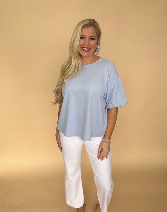 She + Sky light blue knit pearl top