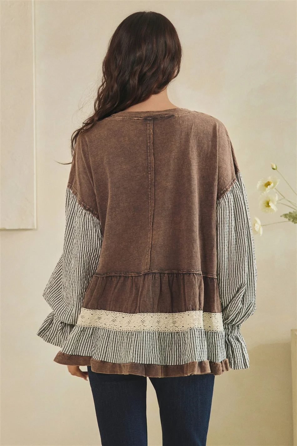 OLI AND HALI MIXED FABRIC TIERED TUNIC LONG SLEEVE TOP CHARCOAL