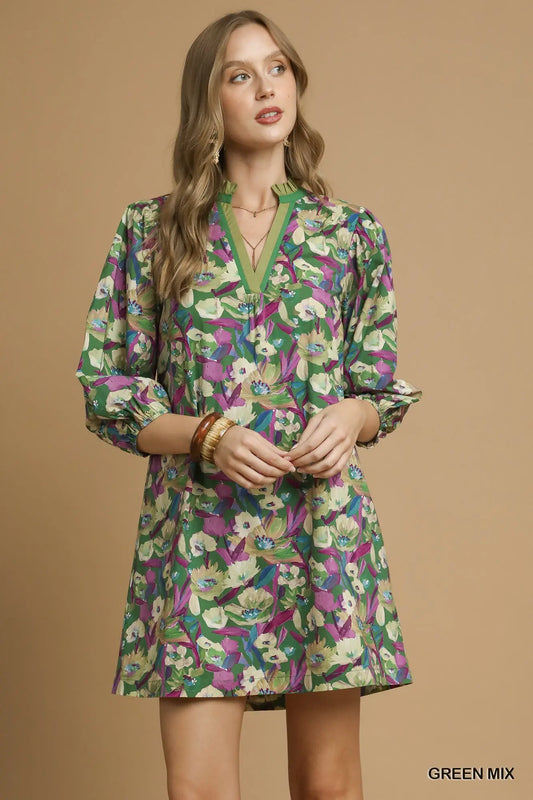 Umgee Boho Floral V-Neck Balloon Sleeve Dress green mix