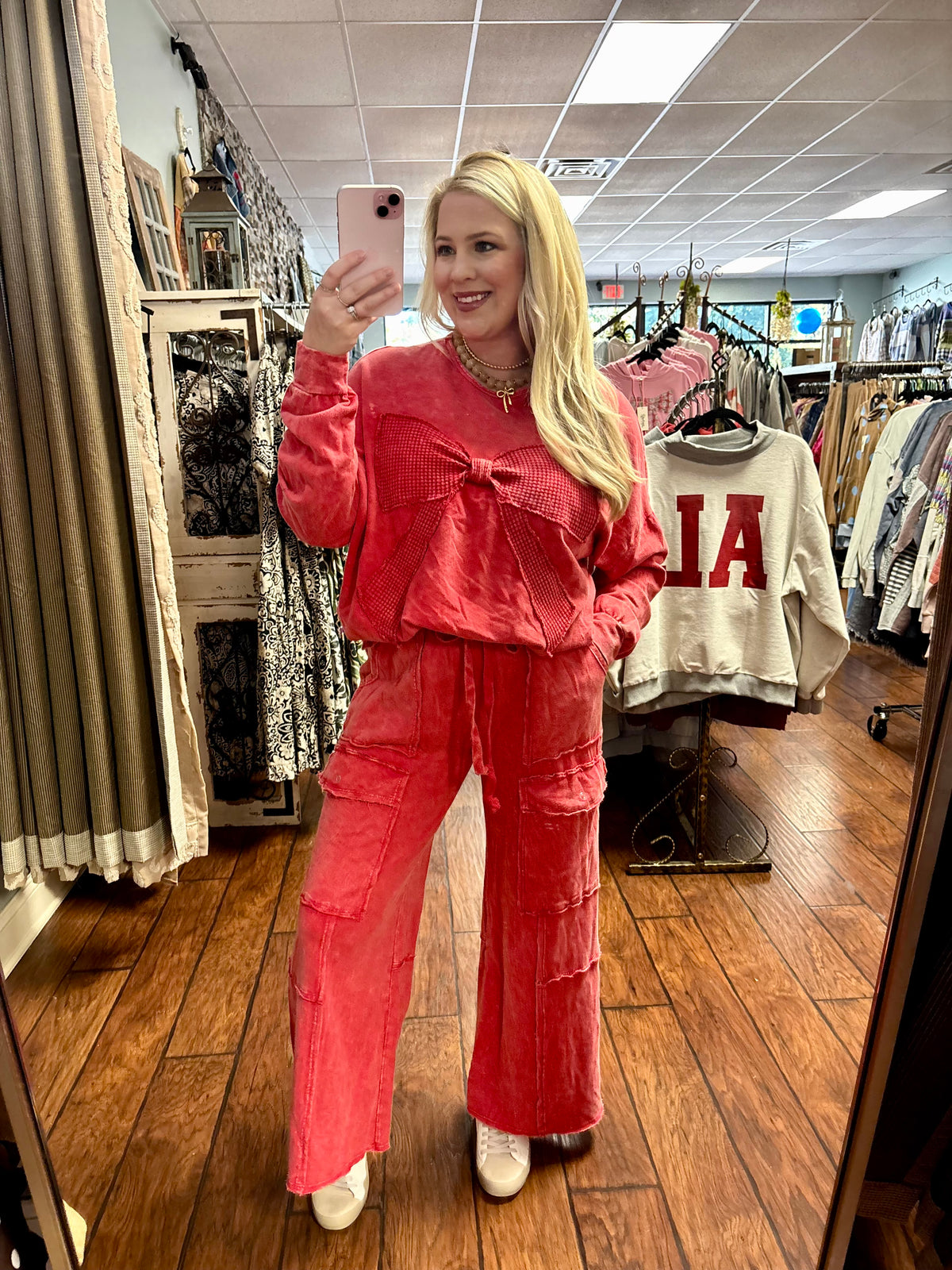 J her red waffle knit pant set