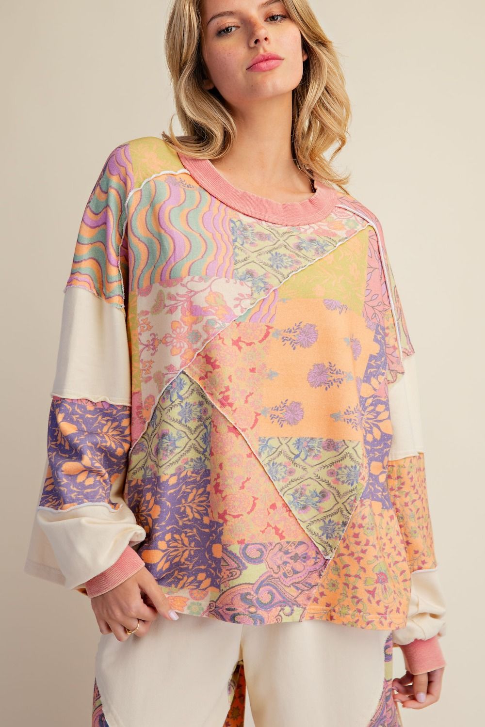 EASEL SIGNATURE PRINT WASHED TERRY PULLOVER SET LIME ROSE