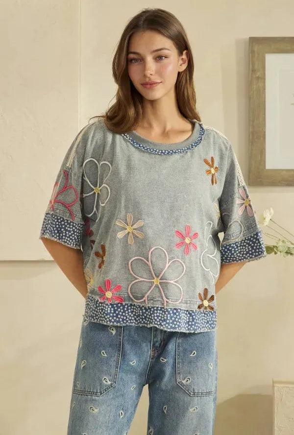 Oli and Hali slate blue floral embroidered top