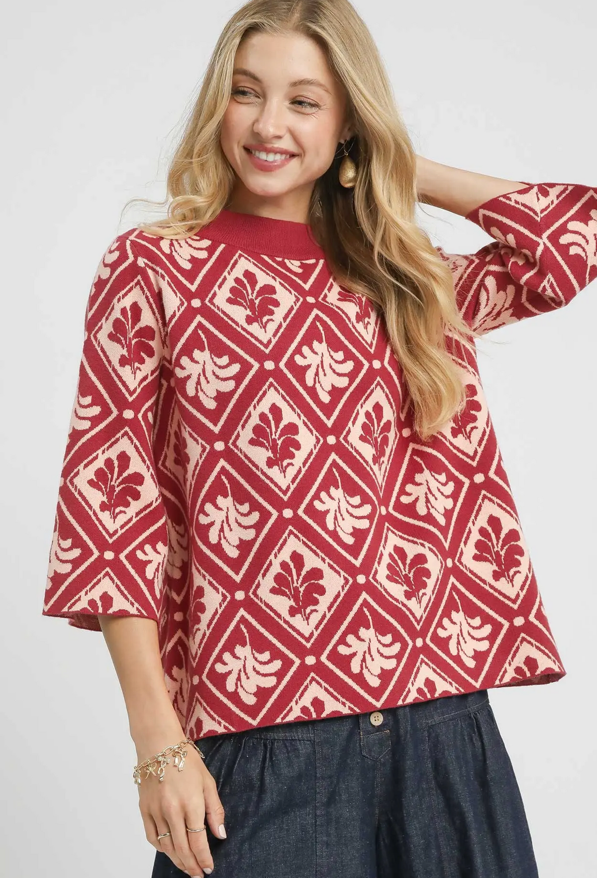 Umgee Abstract Print Mock Neck Sweater
