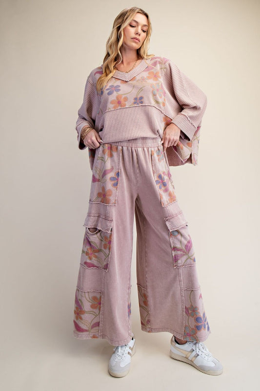 Easel FLORAL PRINT MIX WASHED TERRY PANT SET MAUVE