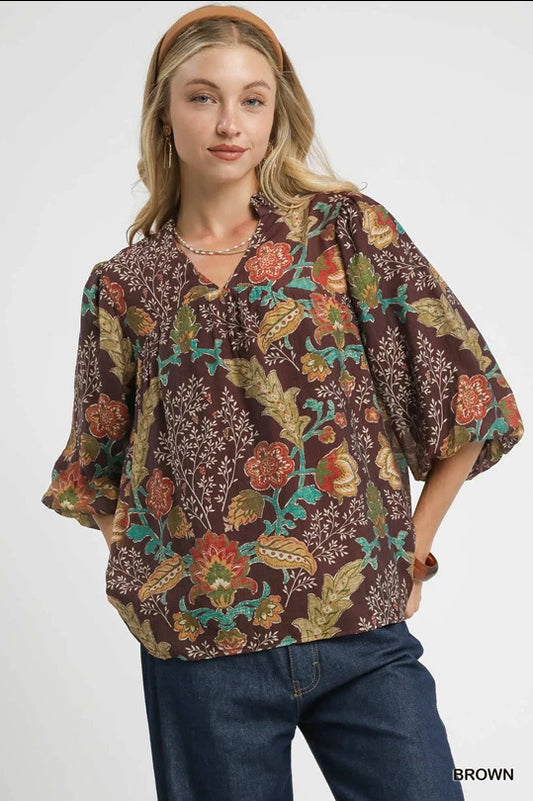 Umgee brown mix floral print top