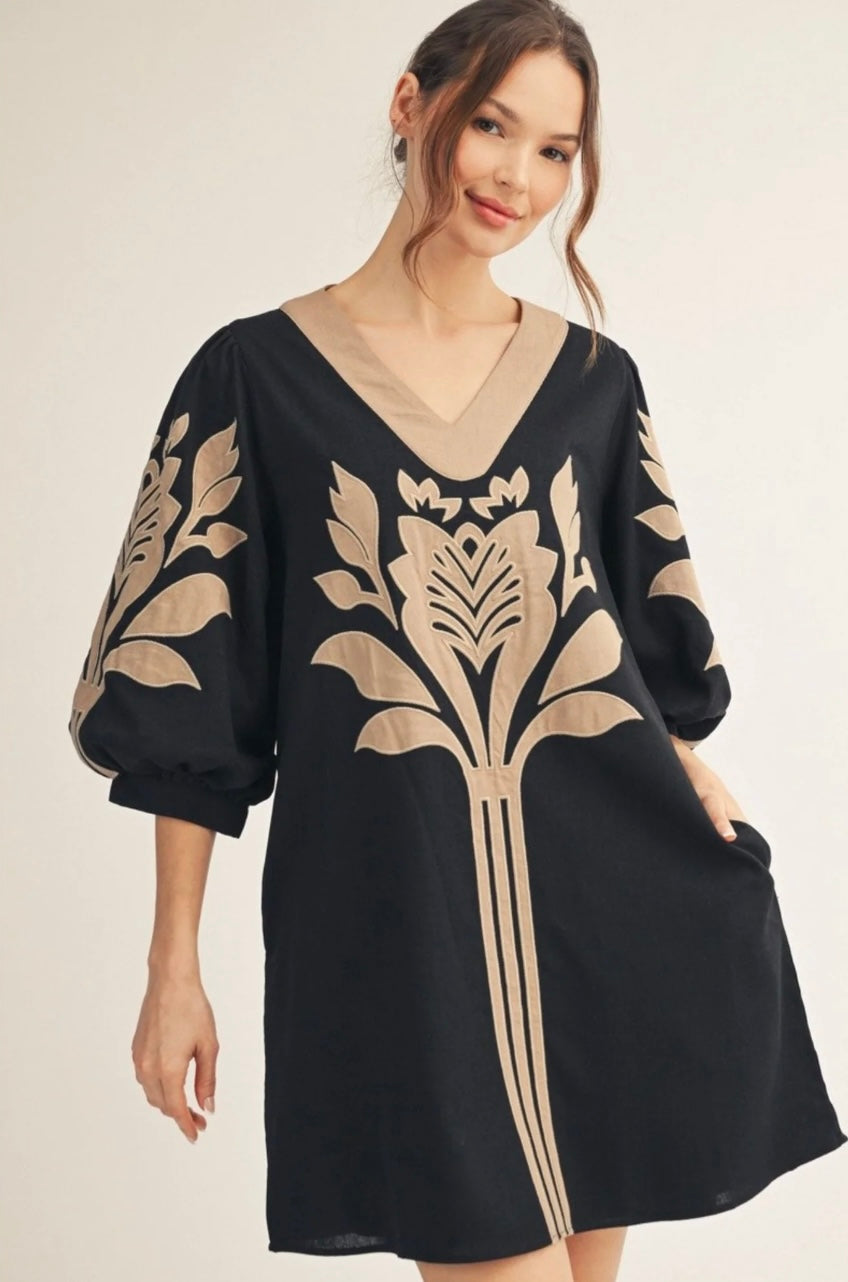 Jodifl tan and black appliqué dress