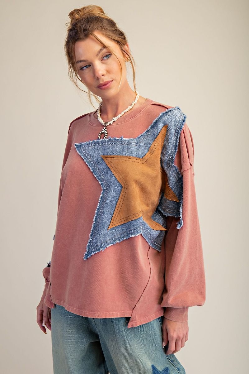 Easel mineral wash star patch sweatshirt tops