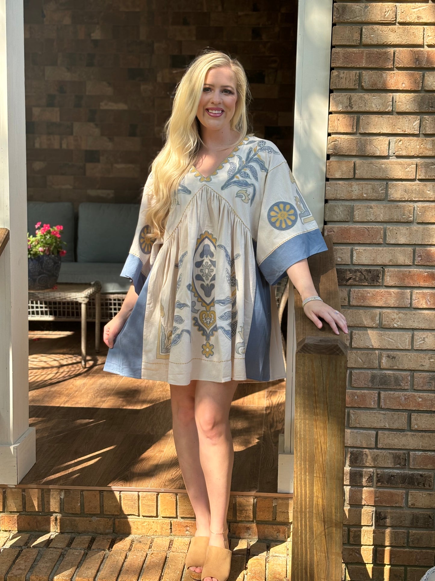 Blue velvet pink mix embroidered dress tunic