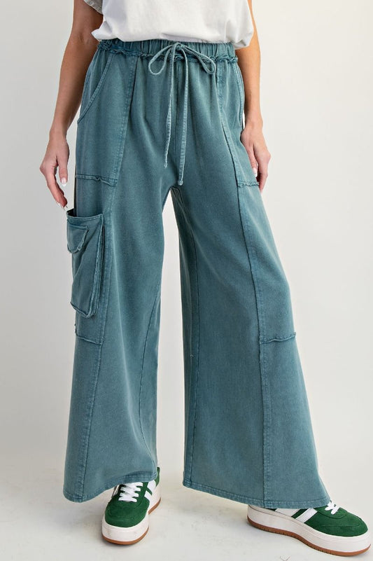 Easel MINERAL WASHED TERRY KNIT PANTS teal