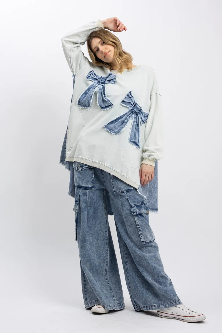 BlueVelvet OVERSIZED Mixed Media Top with denim Ribbon Bow Patches