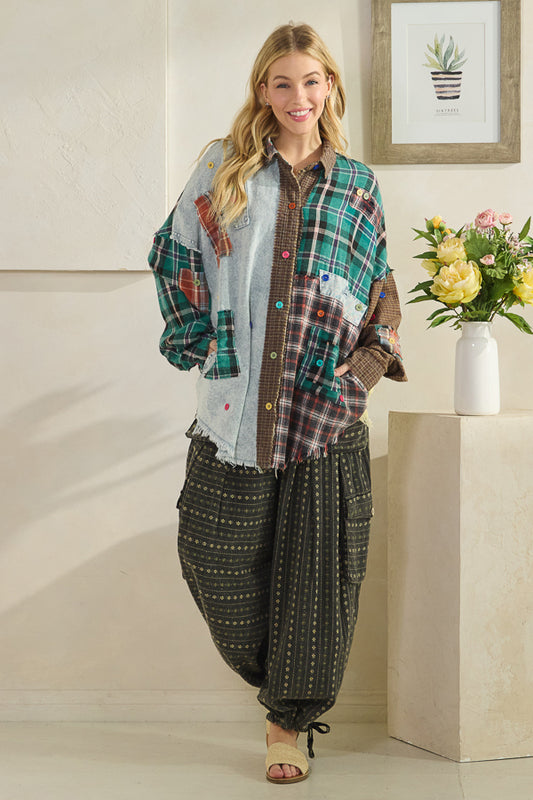 Oli and Hali mixed patchwork button down teal