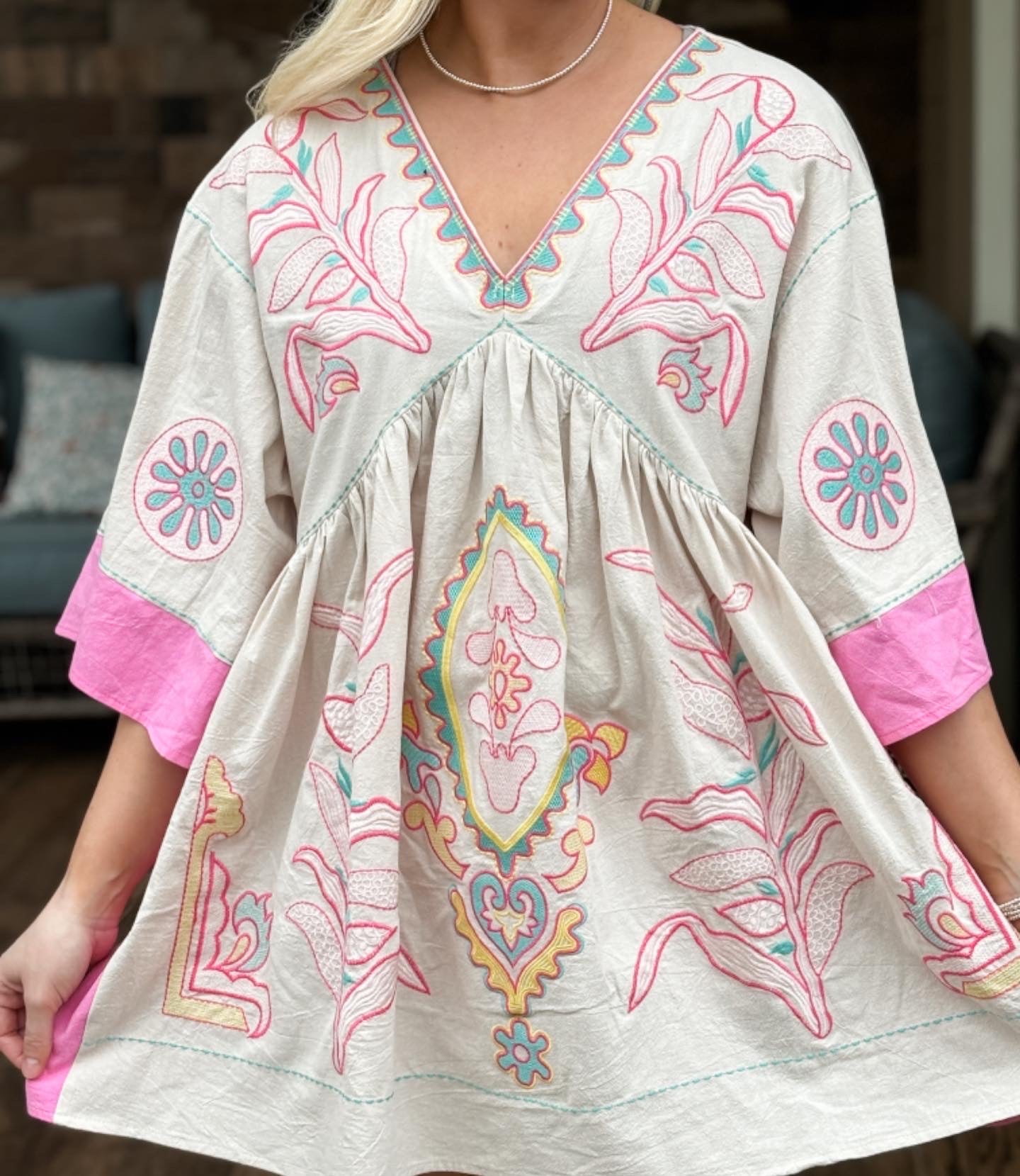 Blue velvet pink mix embroidered dress tunic