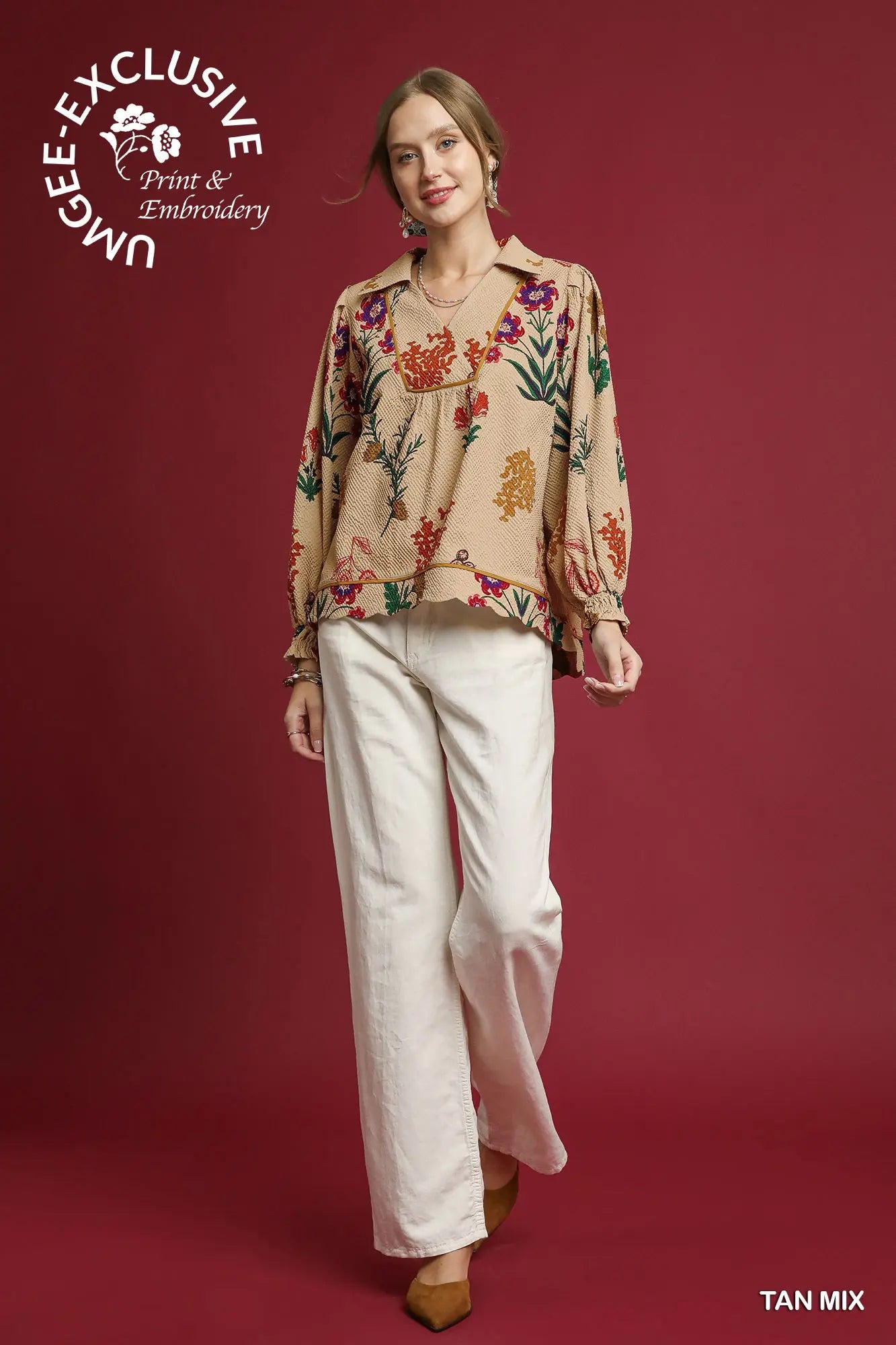 Umgee textured printed top taupe