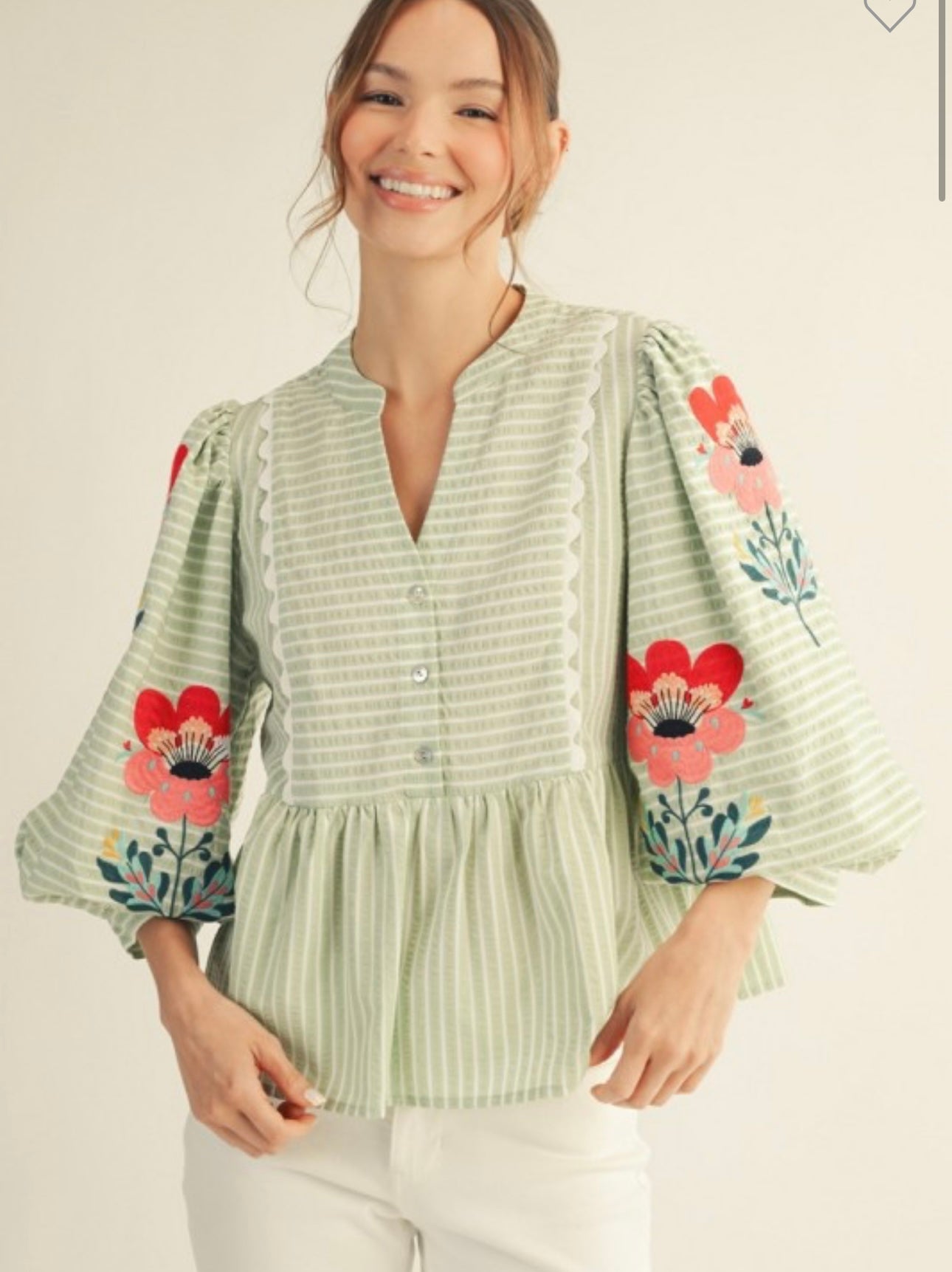 Jodifl sage pinstripe embroidered top