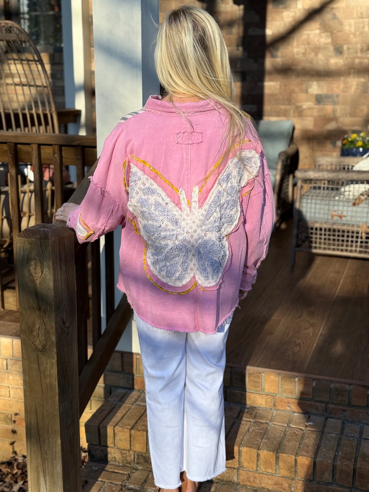 Blue velvet pink and purple lace butterfly button down