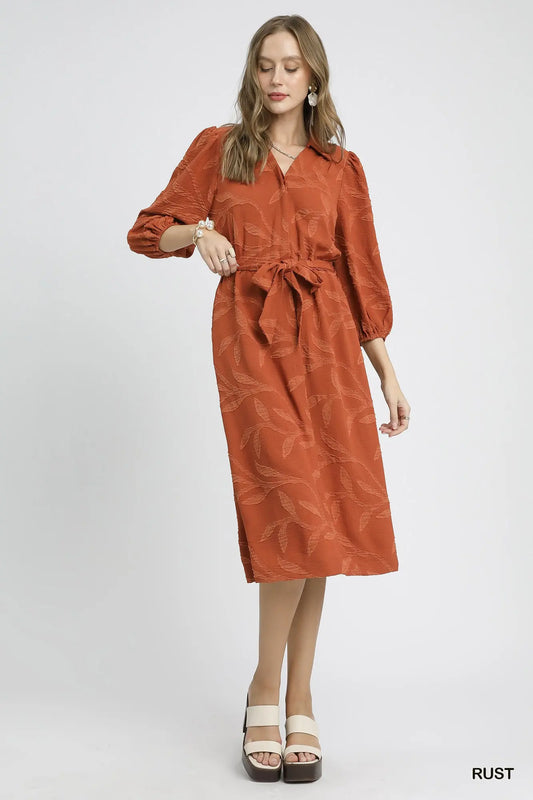 Umgee Jacquard Midi Dress with Waist Tie