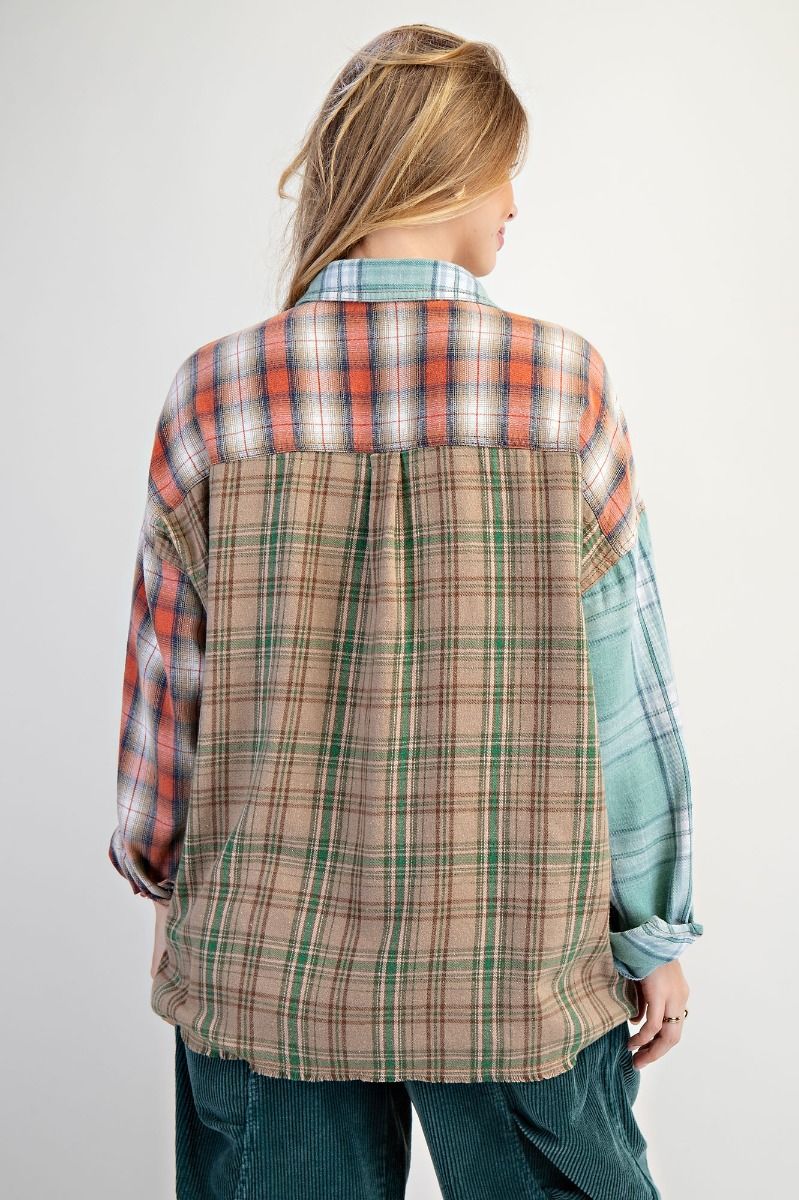 Easel mineral wash mixed plaid button down